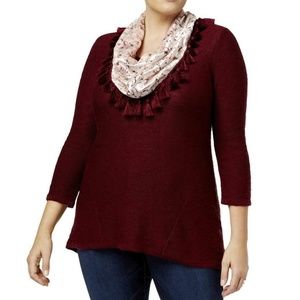 (NWT) Style&Co Plus Size 2X Scarlet 3/4 Sleeve Sweater & Velvet Scarf W/Tassels